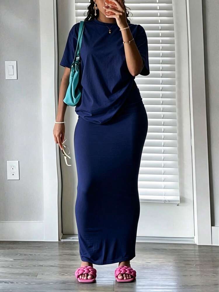 INAWLY Solva Women's Solid Color Round Neck Short Sleeve T-Shirt And Skirt Casual 2-Piece Set - Navy Blue - View 2
