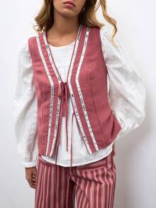 Nöista Blusa sin mangas en rosa empolvado con escote en V profundo y cierres con lazo, detalles decorativos de lentejuelas plateadas. Primavera Verano Vacaciones. Lujo para salir, boda, fiesta, festival, vacaciones, verano - Rosa coral - Ver 3