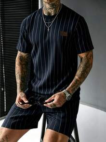SLATEMANN 男士夏季休閒條紋T恤短褲套裝 - 藏蓝色 - 查看 4