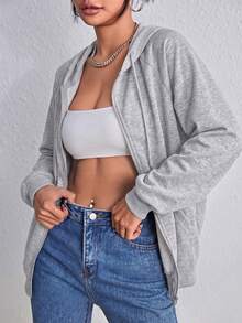 SHEIN EZwear 拉鍊式插肩袖抽繩運動衫，秋冬長袖上衣，淺灰色女款運動衫 - 淺灰色 - 查看 3