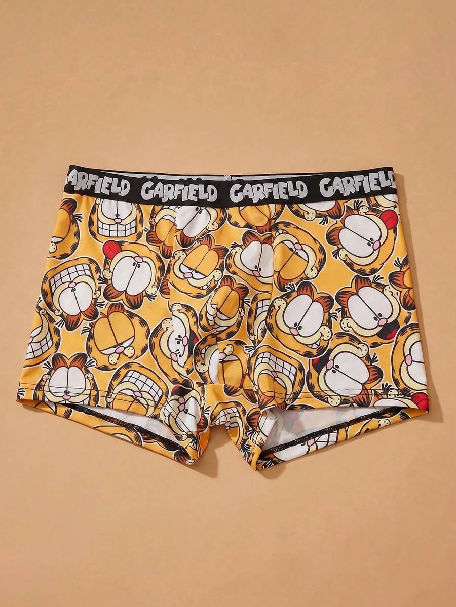 GARFIELD | SHEIN Calzoncillos tipo bóxer cómodos con estampado de dibujos animados, shorts de piel amigable - Amarillo - Ver 1