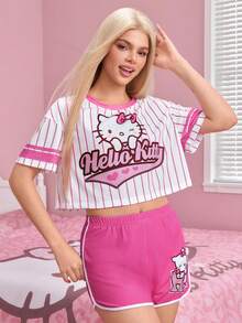 HELLO KITTY AND FRIENDS | SHEIN Set Piyama Atasan dan Celana Pendek Motif Kartun Garis-garis untuk Wanita - Berwarna merah muda - View 4