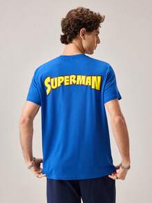 Strevion Men's Minimalist Superman Diamond Pattern Printed Round Neck Short Sleeve T-Shirt, Summer - Royal Blue - View 2