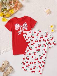 2pcs/Set Girls Casual Fruit Cherry Print Short Sleeve T-Shirt Dress,Back-To-School School Comfortable Daily Wear,Suitable For Spring,Summer And Autumn - Multicolor - View 3