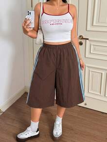 Muchica 大码女式拼接褶皱休闲百搭日常短裤 - 棕色 - 查看 5