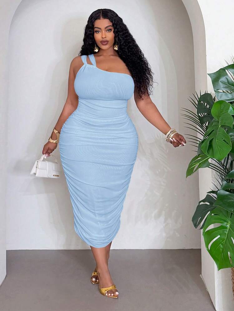 Slaydiva Plus Size Women's Solid Color One-Shoulder Sleeveless Fitted Fashion Elegant Vacation Dress - Blue - View 3
