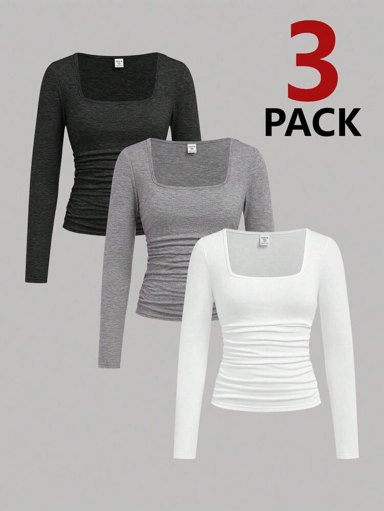 SHEIN Girlism Teen Girls Buy 1 Get 2 Free 3pcs/Set Casual Crew Neck Gathered Long Sleeve Solid Color Knit T-Shirts - Multicolor - View 1