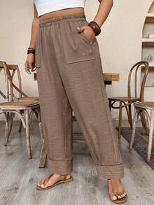 EMERY ROSE Pantalones de lino de unicolor informal de talla grande - Marrón Mocha - Ver 7