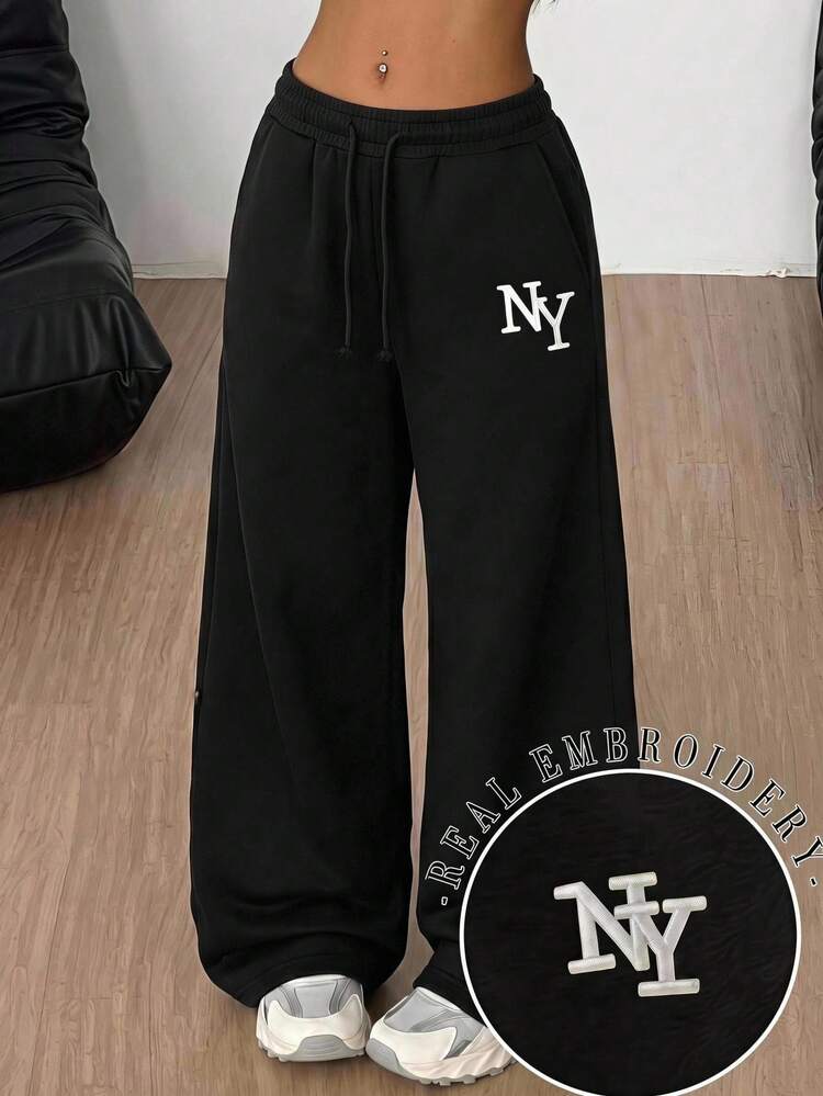 SHEIN Quần dài nỉ đen thường ngày cho bé gái tuổi teen với thêu chữ và dây rút, dáng rộng - màu đen - Xem 3