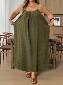 SHEIN CURVE+ Vestido casual suelto con tirantes finos y espalda descubierta con estampado de árbol, adecuado para vacaciones y playa en tallas grandes - Verde - Ver 8