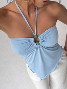 Aloruh Spring/Summer New Sexy Hot Girl Music Festival Party Night Out Vacation Bohemian Light Blue Beaded Cutout Asymmetrical Hem Halter Tank Top - Baby Blue - View 10