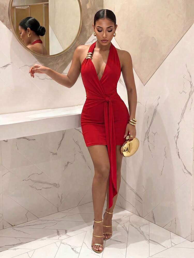 Slaydiva Summer New Elegant Party Club Night Out Sexy Vacation Beach Backless Ruched Twisted Knot Red Shiny Ice Silk Women's Mini Dress-A - Red - View 12