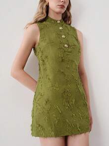 Aveloria Modichic Heavy-Duty Tassel Jacquard Fabric, Elegant Design Button Decor Sleeveless Minimalist Versatile Short Mini Dress - Green - View 5