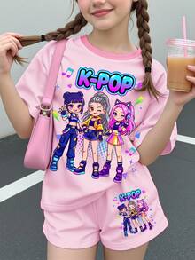 女孩休閒簡約卡通女孩肖像 K-Pop 超級巨星 卡通女團印花圖案 米白色 短袖 T 恤與短褲 2 件套 夏季適用 - 彩色 - 查看 1