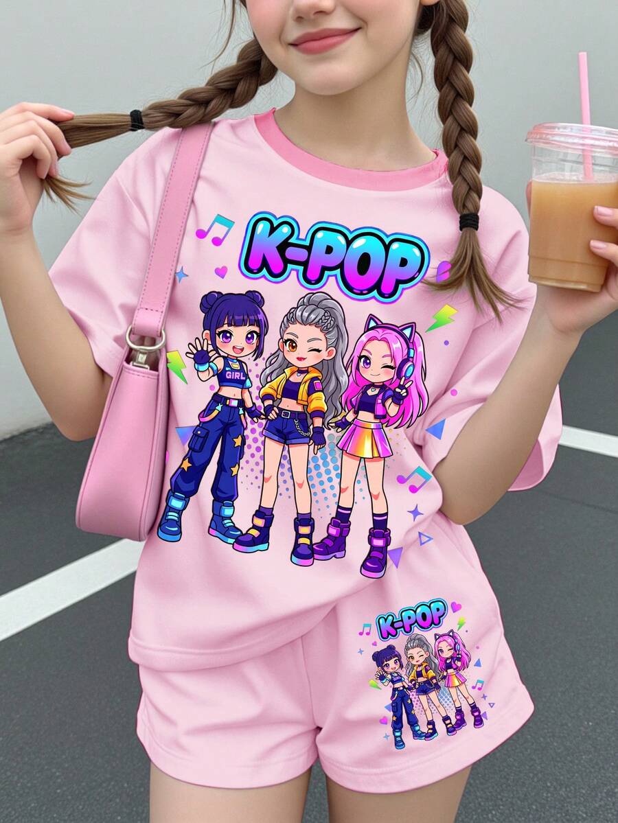 女孩休閒簡約卡通女孩肖像 K-Pop 超級巨星 卡通女團印花圖案 米白色 短袖 T 恤與短褲 2 件套 夏季適用 - 彩色 - 查看 1