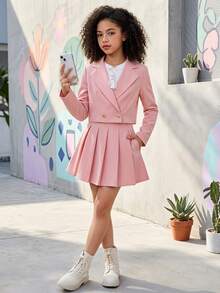 SHEIN Tween Girl Tween Girl Tween Girl Back To School Outfit, Fitted Pink Patchwork Long Sleeve Collared Vintage Preppy Exquisite Jacket Set, Casual Preppy Style - Pink - View 2