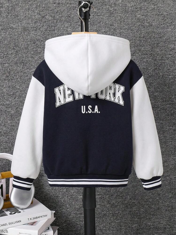 SHEIN Young Boy Casual Versatile Patchwork Colorblock Thick Hooded Jacket, Suitable For Campus Style, Garden Style, Birthday, Autumn/Winter, Halloween, Vintage Style, Young Boys Zip-Up Hoodie, Cute Hoodie, Winter Top, Winter - Multicolor - View 2