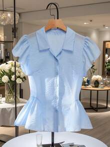 Franclia Women's Slim Fit Jacquard Cap Sleeve Office Shirt - Blue - View 3