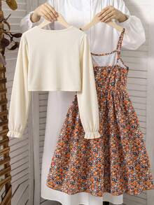 SHEIN Vintaside Kids 2pcs/Set Girls' Spring/Autumn Casual Ribbed Knit Bow Decor Cardigan Top And Printed Camisole Simple Dress - Apricot - View 3