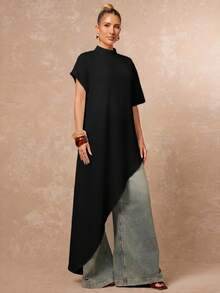 Lumalex Women's Solid Color Asymmetrical Hem Top - Black - View 8