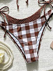 Swim Mod 女款 2 件式泳衣套裝，2 合 1，格紋與波點印花，綁帶設計，夏季度假海灘穿搭 - 彩色 - 查看 3