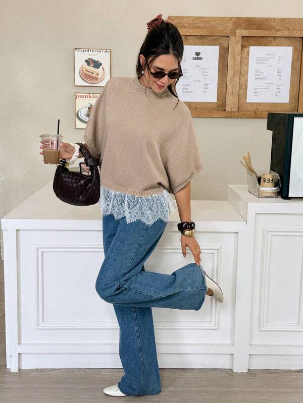 SHEIN Frenchy Top de punto con mangas de murciélago y ribete de encaje para mujer