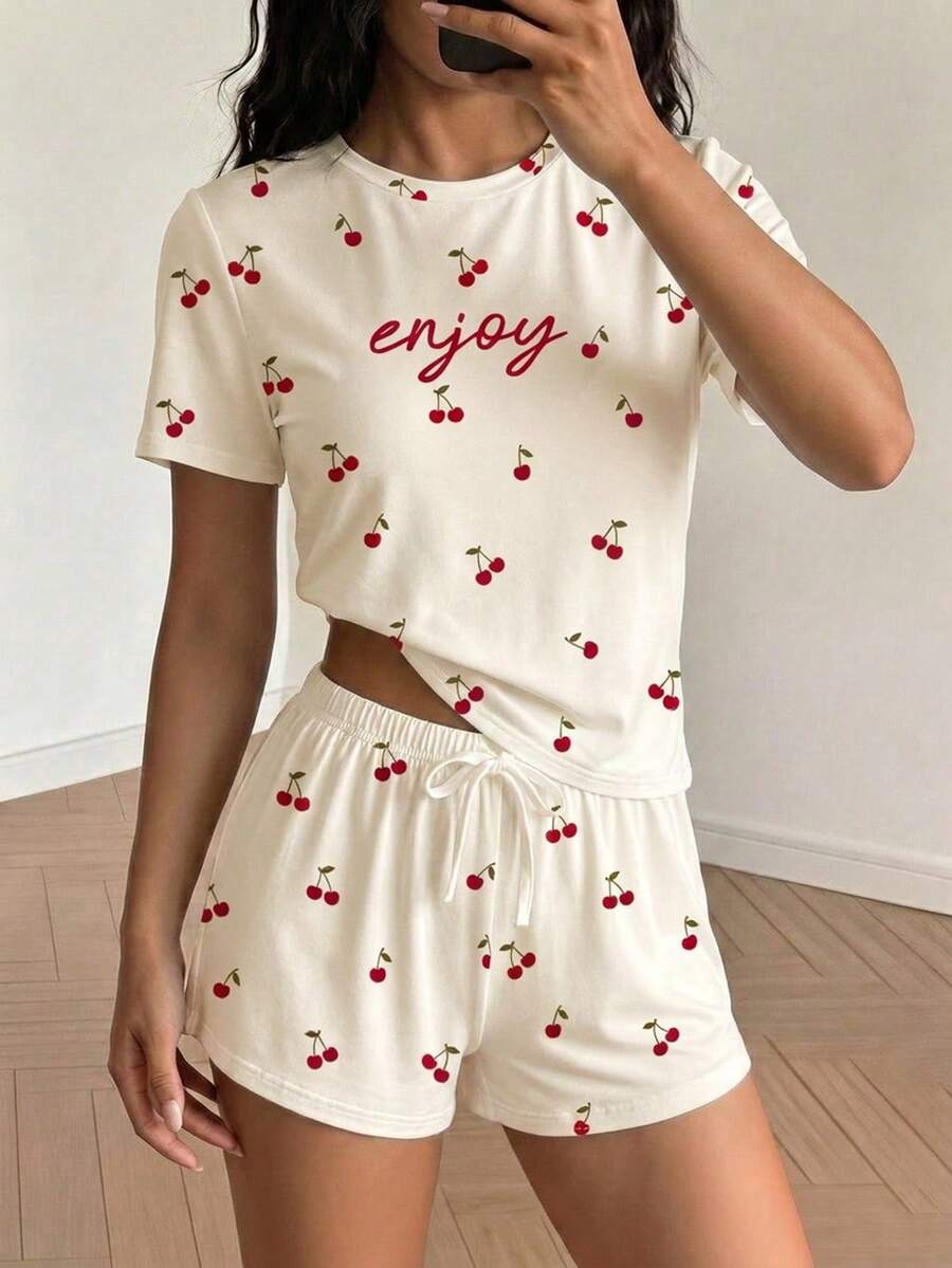 青少年女孩休閒極簡復古可愛迷你櫻桃圓領短袖T恤與短褲家居服套裝,適合居家日常穿著,慵懶隨性 - 彩色 - 查看 1