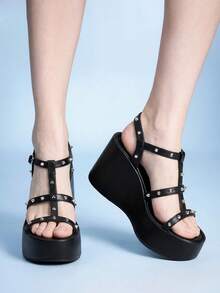 Sugerpunk Women Shose Women's Fashion Platform Wedge Sandals, Spring And Autumn Summer Punk Style Buckle Middle Help Cross Rivet Inlaid Design Open-Toed Sandals, Nightclub Commuting Easy Travel - Black - View 2