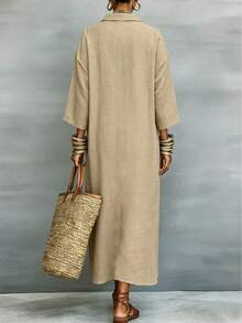 Linhara CURVE Plus Size Casual Boho Vacation Contrast Color Button Front Dress Autumn Brunch Formal Beige - Khaki - View 2