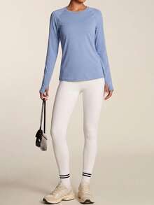 SHEIN BAE Women Round Neck Raglan Sleeve Casual Sports T-Shirt, Fall Fashion - Dusty Blue - View 5