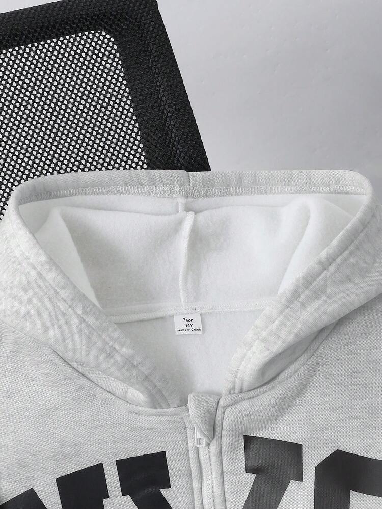 Teen Boy All-Match Pattern Print Multi-Function Hooded Zip-Up Sweatshirt - Grey - View 3