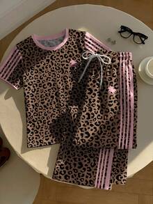SHEIN EZwear 2件組刺繡圓領短袖上衣與條紋印花長褲，休閒風 - 彩色 - 查看 4