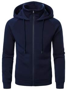 Manfinity Homme Men's Solid Color Raglan Long Sleeve Zip-Up Hooded Sweatshirt With Drawstring - Navy Blue - View 3