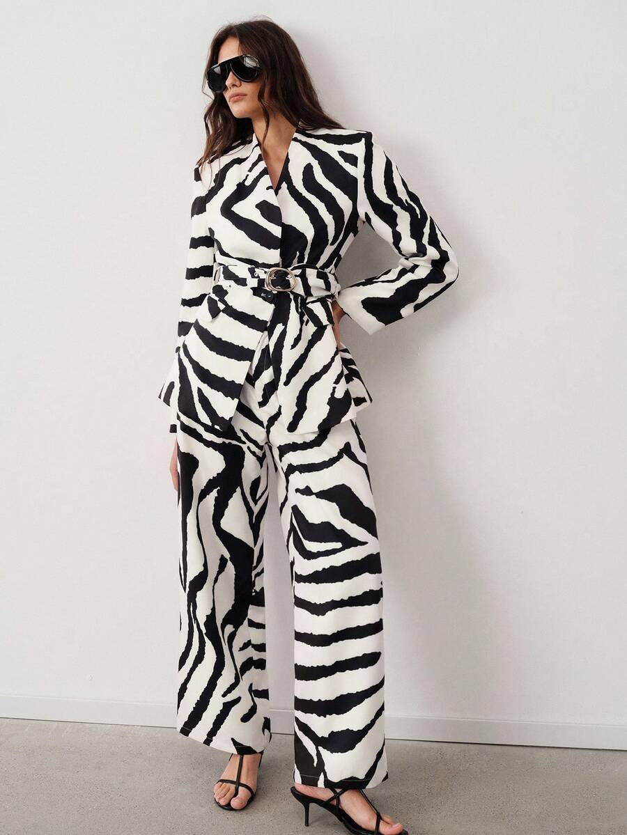 Aveloria Modichic Women's Zebra Print Large Gold Buckle Wide Belt Long Sleeve Blazer Loose Zebra Print Suit Pants Suit Set