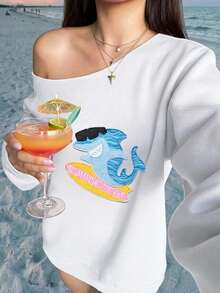 SHEIN EZwear 女款露肩寬鬆休閒長袖運動衫，鯊魚印花，海灘風 - 白色 - 查看 4