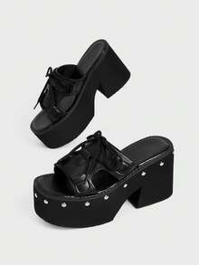 Sugerpunk Women Heeled Sandals Black Muffin Thick-Soled Outer Wear New Rivets Slip-On Wedge Heel Thick-Soled Thick-Heeled Sandals - Black - View 5