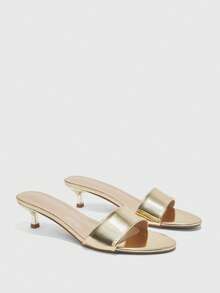 CUCCOO BIZCHIC Summer New Round Toe Mid-Heel Gold One-Piece Women's High-Heeled Sandals Slippers Daily Versatile Simple Commute All-Match Toe Dew Women's Sandals - Iron plate light gold - View 7