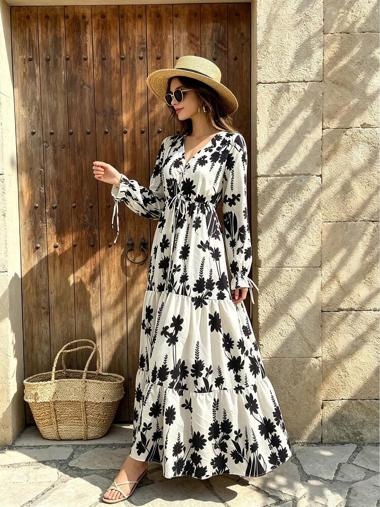 Breezaya Autumn New Commuter V-Neck Printed Slim Fit Elastic High Waist A-Line Long Dress Vacation Minimalist Tie-Up French Style Black & White Contrast Print - Black and White - View 6