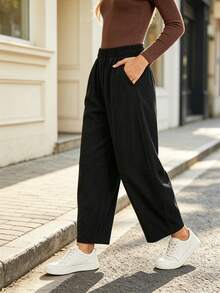 SHEIN LUNE Women's Autumn/Winter New Vintage Black Corduroy Carrot Pants, Elastic Waist Split Patchwork Loose Hip-Covering Slimming Ankle-Length Harem Casual Pants - Black - View 5