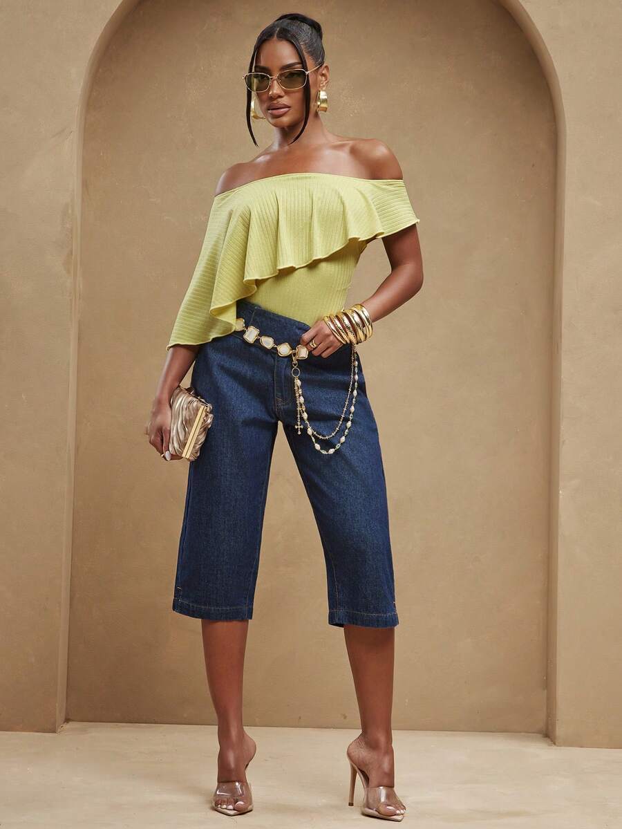NYA SZN Body asimétrico con volantes de moda brillante - Amarillo - Ver 1
