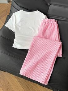 SHEIN Conjunto informal a juego de top y pantalones a rayas para niñas preadolescentes - Multicolor - Ver 4