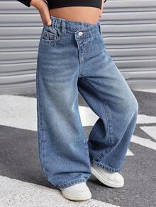 SHEIN Young Girl Young Girl Young Girl Young Girl Asymmetrical Waistband Pocket Wide Leg Loose Casual Denim Jeans Autumn Winter - Light Wash - View 6