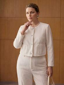MOTF PREMIUM Damen Große Größen exquisite Perlenbesatz Spitzen-Patchwork Crop-Jacke, Herbst/Winter - Weiss - Übersicht 6