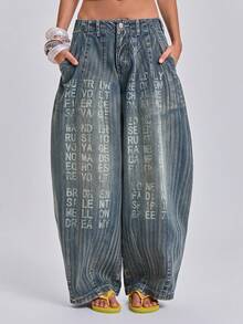 ACID BLVD Colossus Jeans 休閒街頭風復古水洗褪色字母紋理寬鬆牛仔長褲，適合夏季、秋季、冬季 - 深色水洗藍 - 查看 8