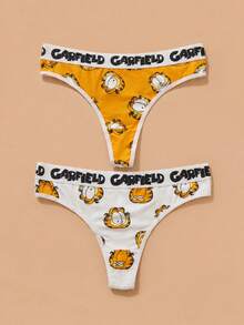 GARFIELD | SHEIN Snug Zone 女士卡通猫印花撞色字母胶带丁字裤 - 白色 - 查看 1
