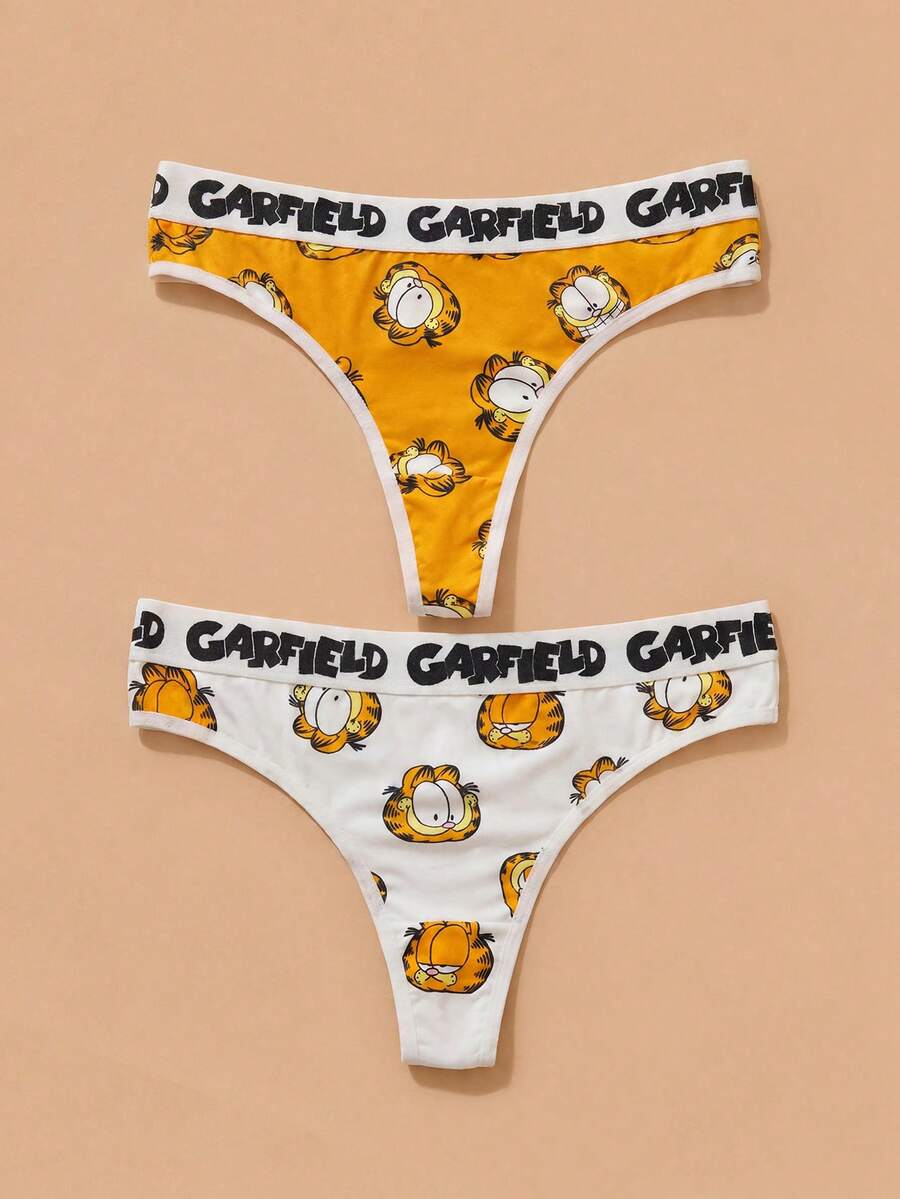 GARFIELD | SHEIN Snug Zone 女士卡通猫印花撞色字母胶带丁字裤 - 白色 - 查看 1