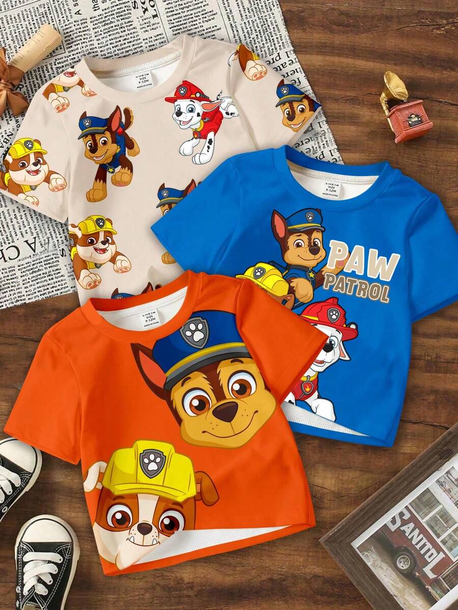 SHEIN | PAW Patrol 男嬰休閒簡約寬鬆舒適經典可愛卡通動畫圖案印花經典配色可愛小狗短袖圓領T恤3件組,適合夏季 - 彩色 - 查看 1