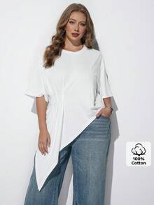 Maija Camiseta de talla grande blanca con cuello redondo, manga corta, diseño de cintura con dobladillo asimétrico, estilo moderno de vacaciones casual de bajo perfil, estilo de dinero antiguo de calidad premium, ropa de crucero, minimalista de lujo de Oriente Medio, textura esencial, atuendo de moda, casual de negocios, ropa de oficina urbana para mujeres, ropa de viaje de alta calidad, versátil para todas las estaciones - Blanco - Ver 4