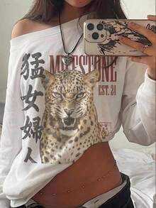 Muchica 女款休閒極簡印花露肩寬鬆不對稱衛衣，棉混紡白色寬鬆不對稱衛衣，適合秋冬 - 彩色 - 查看 1