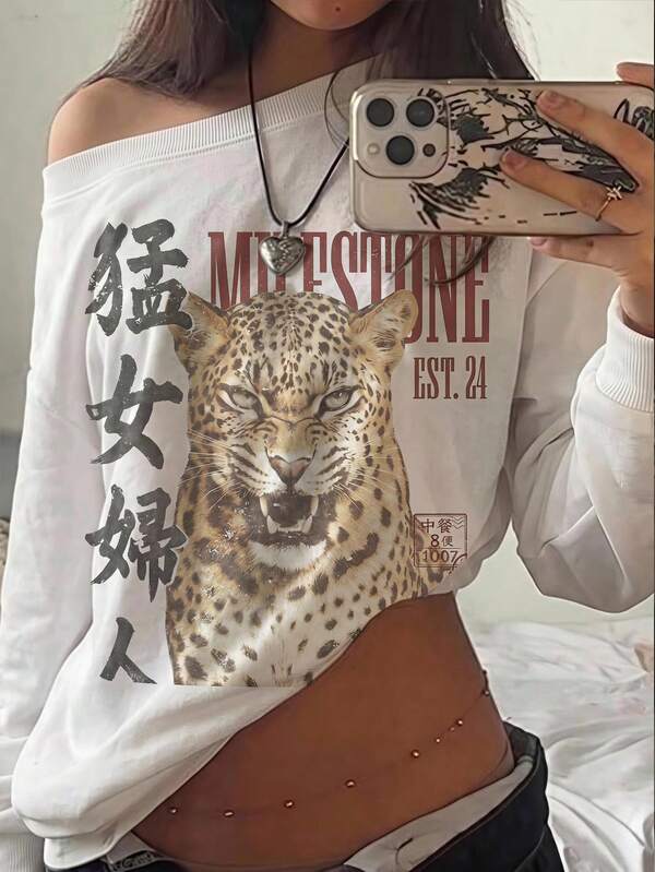 Muchica 女款休閒極簡印花露肩寬鬆不對稱衛衣，棉混紡白色寬鬆不對稱衛衣，適合秋冬